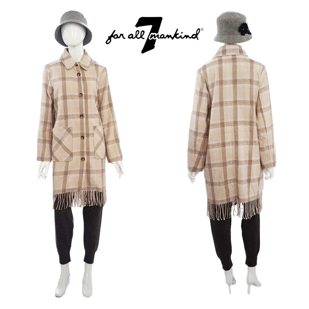 7 FOR ALL MANKIND NEW Bohemian Chic Plaid Fringe Hem Peacoat M